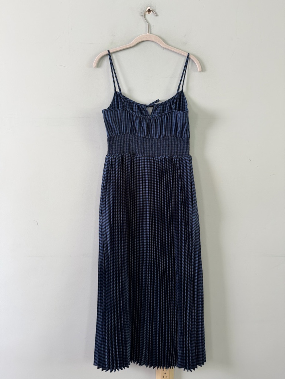 NWT J. Crew Smocked Waist Gingham Blue Pleated Cottagecore Peasant Midi Dress - Picture 3 of 6